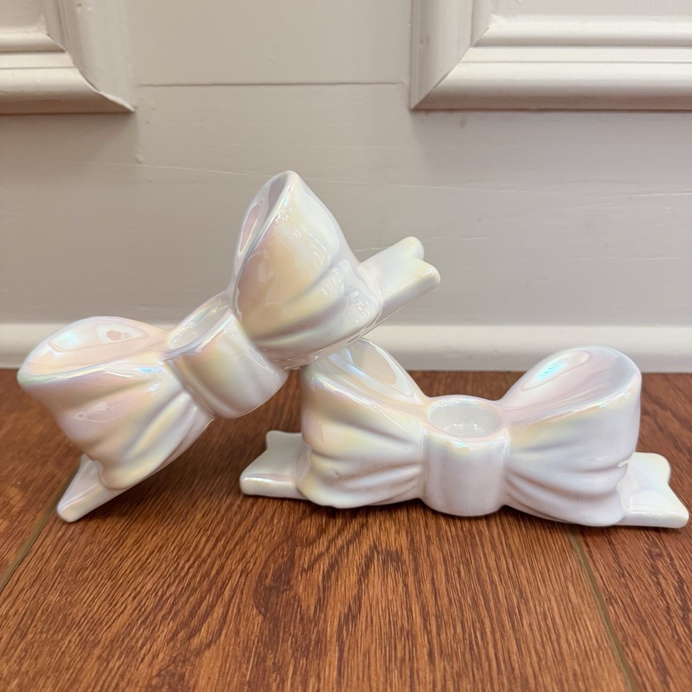 Ceramic Iridescent Bow Taper Candle Holders‎ - Set of 2 New! Holiday Decor Girly